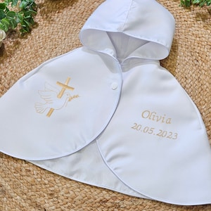 Satin White Baptism Cape Embroidered and Custom Cross and Dove image 5