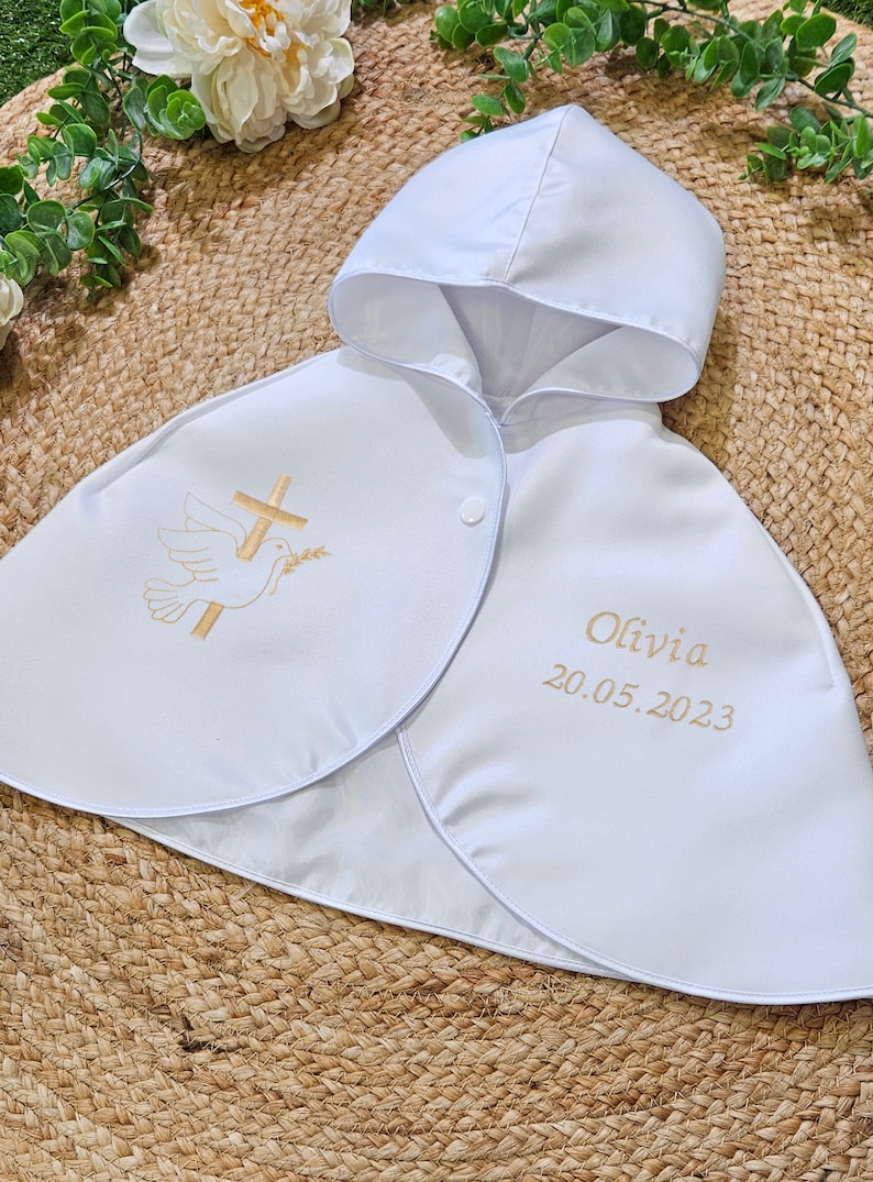 Satin White Baptism Cape Embroidered and Custom Cross and Dove image 5