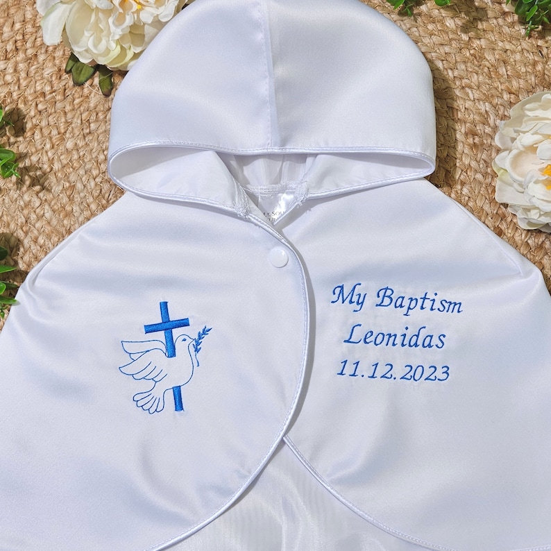 Satin White Baptism Cape Embroidered and Custom Cross and Dove image 6