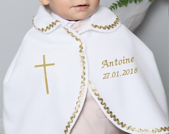 White fleece baby and child cape for baptism or communion - Pattern of your choice and customizable - gold