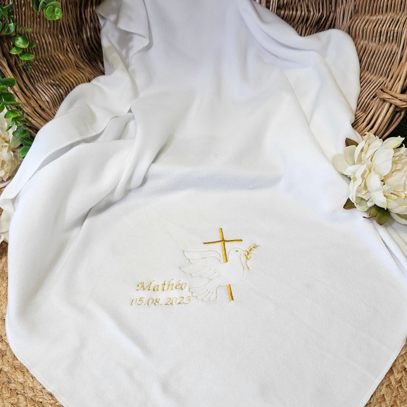 White baptism blanket Fleece embroidered CROSS AND DOVE and customizable Z-1 image 6
