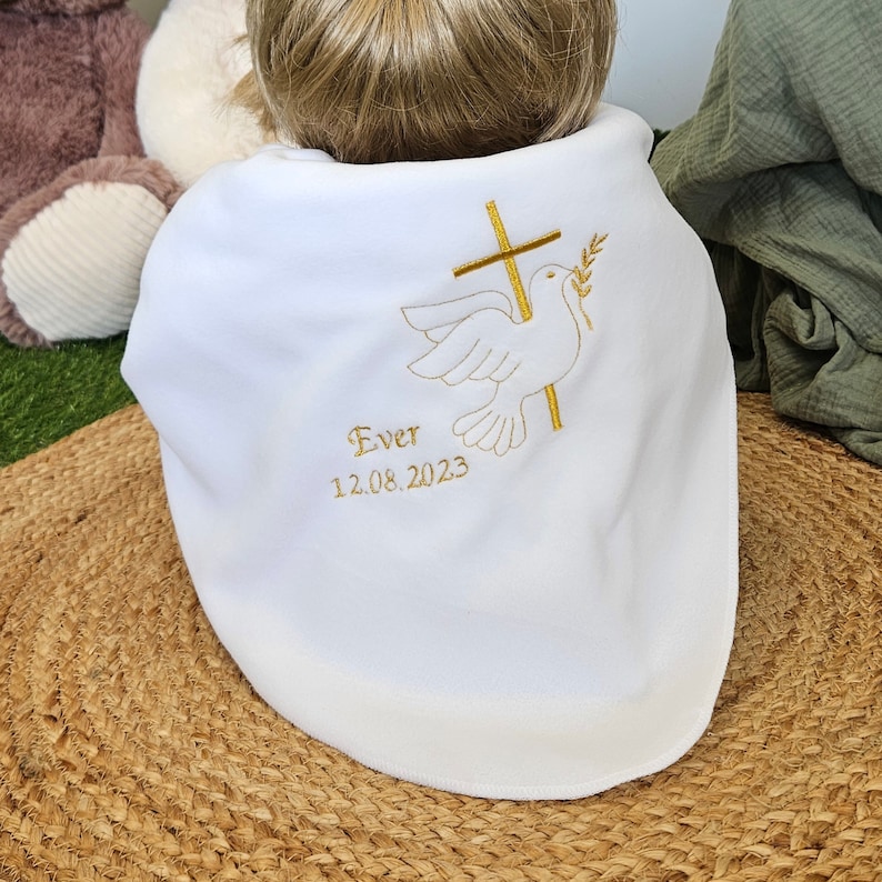 White baptism blanket Fleece embroidered CROSS AND DOVE and customizable Z-1 image 7
