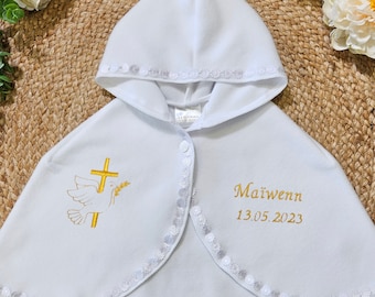 White fleece baby cape for baptism - Pattern of your choice and customizable