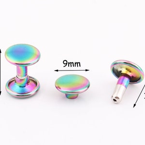 May include: Three iridescent metal rivets, one with a post, one with a flat back, and one with a domed top. The rivets measure 9mm in diameter and 11mm in height.