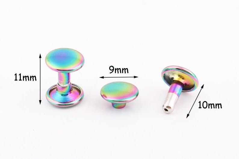 May include: Three iridescent metal rivets, one with a post, one with a flat back, and one with a domed top. The rivets measure 9mm in diameter and 11mm in height.