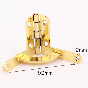 Op de afbeelding: Een goudkleurig hoekscharnier met een gat van 2 mm en een totale lengte van 5,2 cm. Het scharnier is ontworpen voor hoekmontage en heeft meerdere schroefgaten voor een veilige bevestiging. Geschikt voor kleine kisten of meubels.