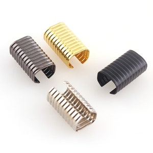 Zwarte krimpkoord eindkappen zonder lus 20mm * 12mm lint krimp gouden uiteinden dop vouw over krimpkop connectoren koord eindtips 20 stuks
