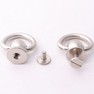 Può includere: Due tiranti ad anello in metallo argentato con una vite e una rondella. I tiranti ad anello hanno una base rotonda e una forma ovale rialzata al centro.