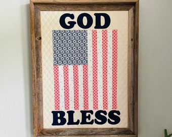 LARGE God Bless the USA with Flag Quilt KIT including fabric and supplies to make this 18x24 inch Framed Patriotic Quilt Art.