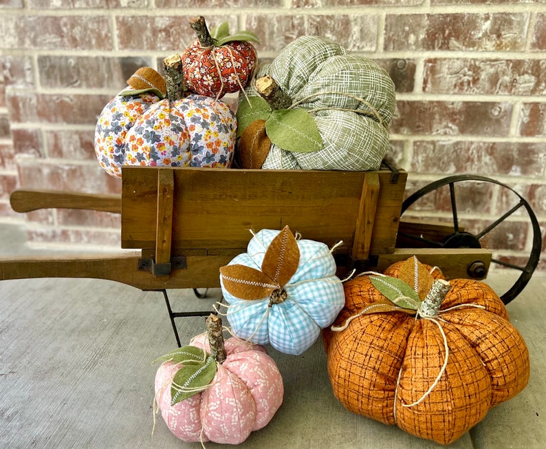 May include: A collection of five fabric pumpkins in a wooden wheelbarrow. The pumpkins are in various colors and patterns, including blue and white gingham, orange with a grid pattern, pink with a floral pattern, and green and white with a floral pattern.