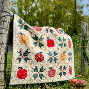Puede incluir: Una colcha de color crema con un dise&ntilde;o de patchwork que presenta manzanas verdes, rojas y naranjas. La colcha est&aacute; colgada en una valla de madera con hierba verde y un fondo borroso de &aacute;rboles.