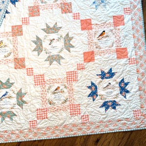 May include: A patchwork quilt featuring a cream background with repeating blocks of coral gingham, floral patterns, and star-shaped motifs. The quilt includes printed illustrations of various birds and text, finished with a blue and white checkered border.