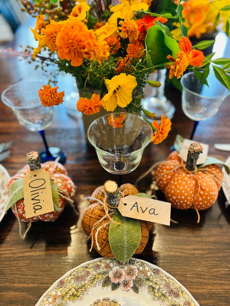 May include: A Thanksgiving table setting with three place settings. Each place setting has a small pumpkin with a name tag. The pumpkins are brown and orange with white polka dots. The name tags are brown paper with black handwritten names. The names are Olivia and Ava.