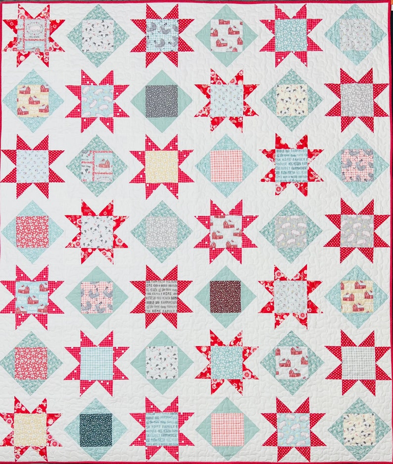 May include: A red and white quilt with a star pattern. The quilt is made up of squares with different patterns, including gingham, polka dots, and floral prints. The quilt is edged with a red border.