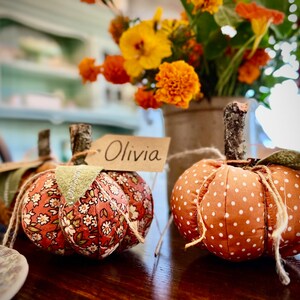 May include: Two fabric pumpkins with different patterns, one with orange polka dots and the other with a floral print. A brown tag with the name "Olivia" is attached to the floral pumpkin.