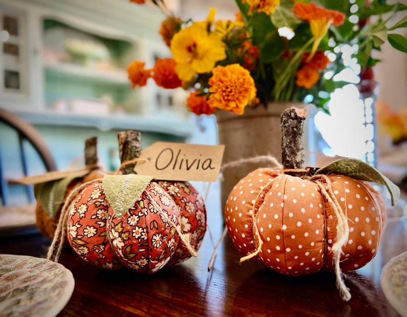 May include: Two fabric pumpkins with different patterns, one with orange polka dots and the other with a floral print. A brown tag with the name "Olivia" is attached to the floral pumpkin.