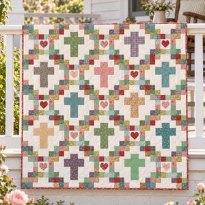 Könnte beinhalten: Ein Patchwork-Quilt mit einem sich wiederholenden Muster aus Kreuzen und Herzen in verschiedenen Farben wie Grün, Rosa, Blau und Beige. Das Design besteht aus kleinen quadratischen Stoffblöcken auf cremefarbenem Grund mit einem roten Musterrand.