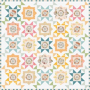 May include: A patchwork quilt with a repeating star pattern. Each star contains a floral wreath surrounding text. The quilt features a variety of pastel colors, including pink, blue, yellow, and orange, with a white background and a gingham border.