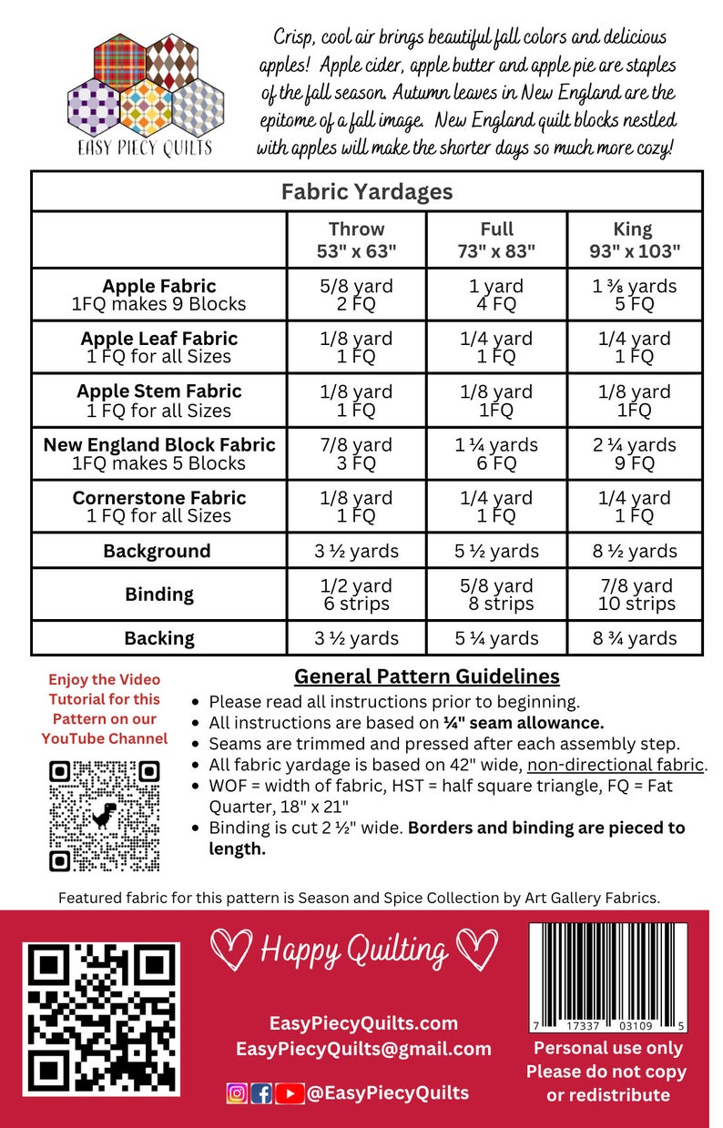 Puede incluir: Un gr&aacute;fico con los requisitos de yardas de tela para un patr&oacute;n de acolchado llamado "New England Block Fabric". El gr&aacute;fico enumera la tela necesaria para una colcha de tama&ntilde;o tiro, completo y king. Los nombres de las telas incluyen "Apple Fabric", "Apple Leaf Fabric", "Apple Stem Fabric", "New England Block Fabric", "Cornerstone Fabric", "Background", "Binding" y "Backing".