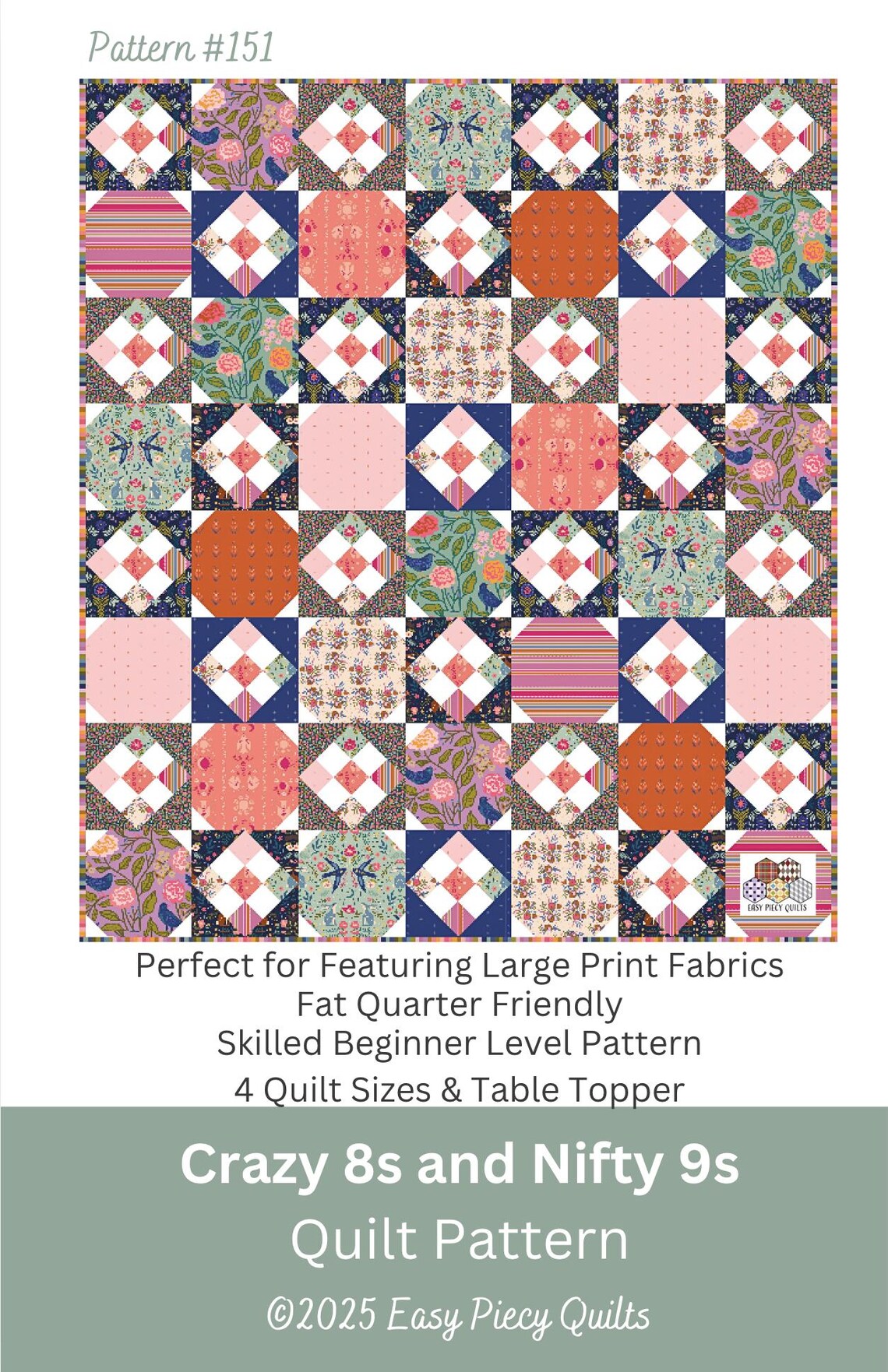 Snowball and Nine Patch Block Quilt Pattern: Beginner Level, Fat ...