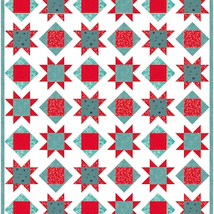 May include: A quilt pattern with a repeating design of red and blue squares and stars. The background is white.