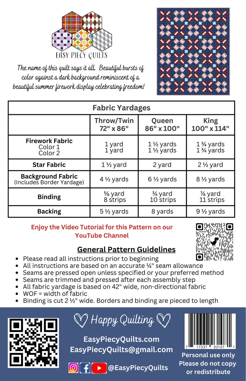 4th of July Night Sky Quilt Pattern: Patriotic Firework Design (PDF ...