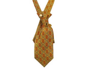 Einzigartige Krawatte aus Seide mit Goldmuster. Originales kroatisches Muster. Neu gestaltete Vintage-Krawatte für Damen mit Anstecknadel. Luxuriöses Geschenk für sie.