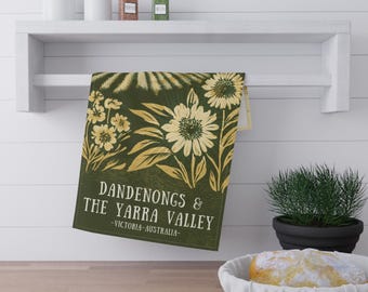 Dandenongs and The Yarra Valley Scenic Tea Towel - Victorian Vistas Hand-Illustrated Travel Art from Victoria, Australia