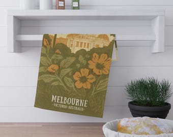 Melbourne Scenic Tea Towel - Victorian Vistas Hand-Illustrated Travel Art from Victoria, Australia