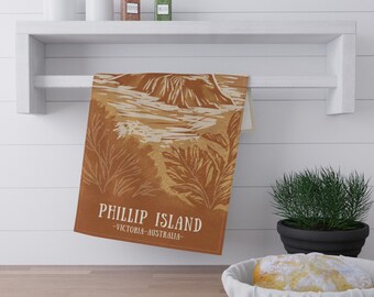 Phillip Island Scenic Tea Towel - Victorian Vistas Hand-Illustrated Travel Art from Victoria, Australia