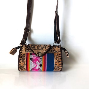 Small Size Hand-Carved Leather Crossbody Purse with Andean Textile - Cusco, Peru (Llama & Artisan Motifs)