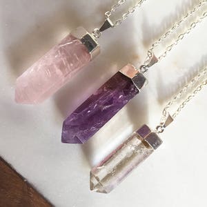 Terminated Quartz Pendant on Sterling Necklace - Rose Quartz, Amethyst & Clear Quartz