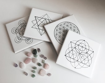 Sacred Geometry Crystal Grids / Portable Altars / Set of 4 / Ceramic Coasters 4.25" x 4.25"