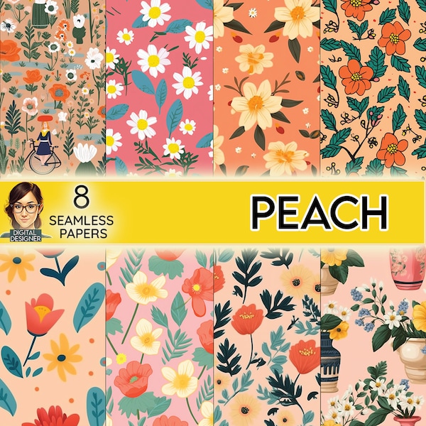 Peach-Colored Flowers Digital Paper Set - Seamless Digital Paper Seamless Peach Flowers Pattern Printable Paper Set of 8 - Instant Download