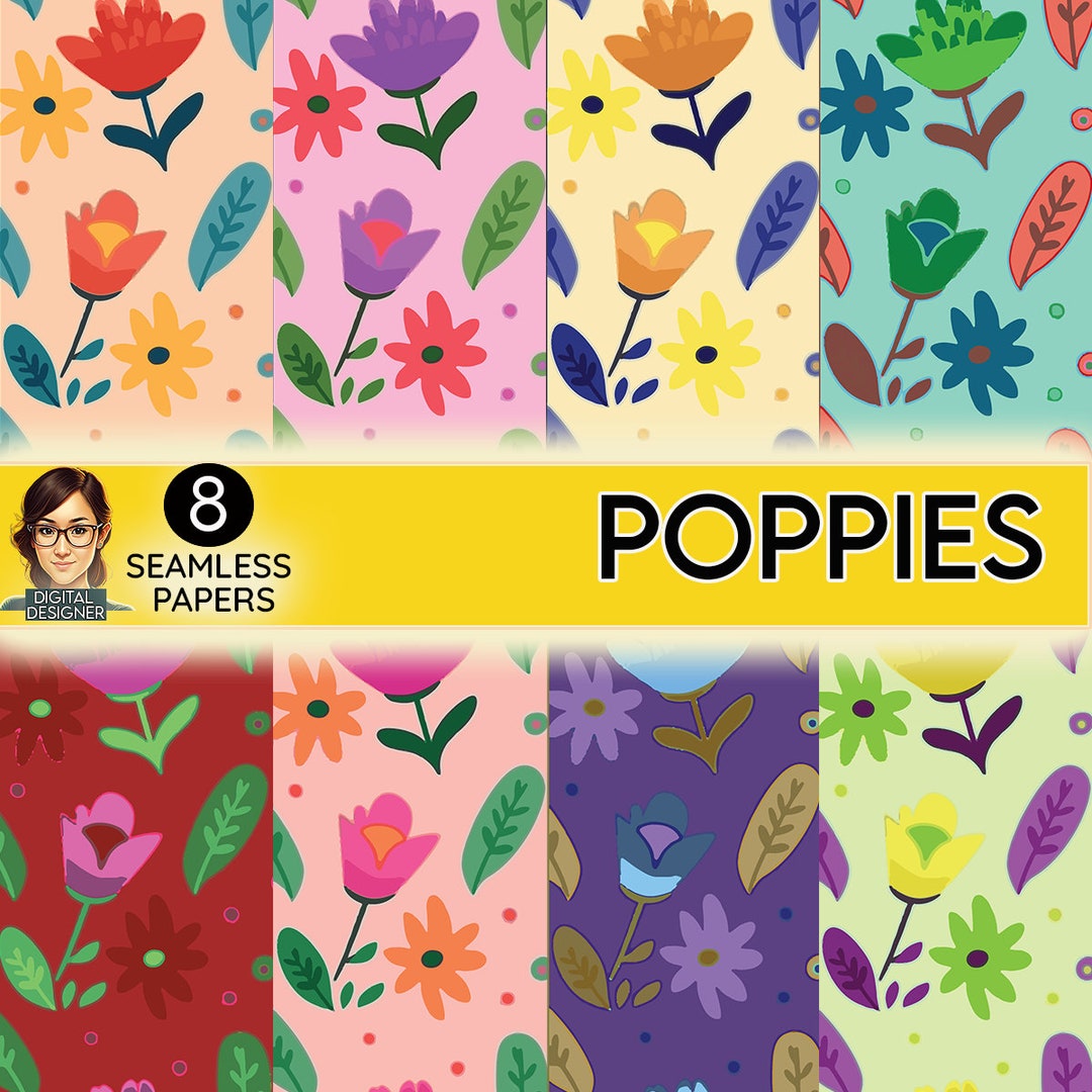 Poppy Flowers Digital Paper Set - Seamless Digital Paper Seamless Poppy ...