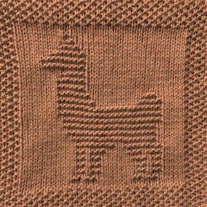 May include: A brown knitted dishcloth with a woven design of a llama.