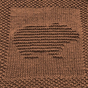 May include: A brown knitted dishcloth with a square design in the center.