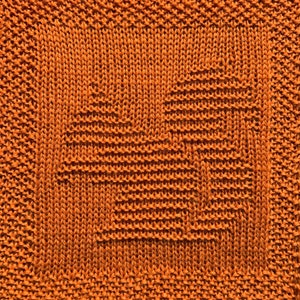 May include: A close-up of a knitted dishcloth in a burnt orange color. The cloth has a woven pattern that creates a geometric design.