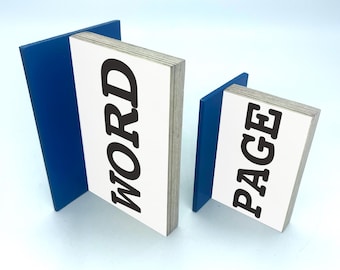 Wortbuchstütze: Einfache Worte. Birkensperrholz, Metallakzent (einzelne Buchstütze)