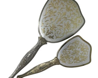 Vintage spiegel en borstelset Victoriaanse stijl zilver-goudkleurige bloemen filigraan