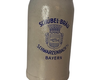 Vintage German Stoneware Schübel-Bräu Beer Stein 1L Grey Ceramic Mug Tavern Ware