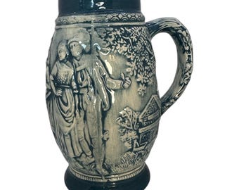 Vintage German Style Cobalt Blue Salt Glazed Stoneware Beer Stein Relief Mug