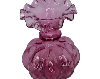 Vintage Fenton roze cranberry glas meloen geribbelde vaas gegolfde rand kunstglas 6"