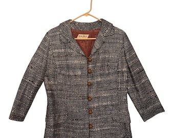 Vintage Neiman Marcus Womens Medium Tweed Blazer Jacket Black White Tan 6 Button