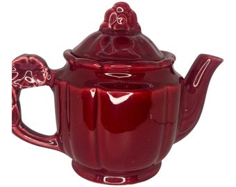 Vintage Shawnee  Burgundy Red Ceramic Teapot 1940s Rosette Handle Finial Top 6"