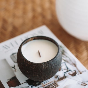 Soy coconut scented candle wooden wick in real coconut bowl