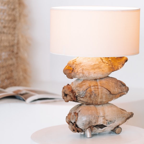 Small unique handmade coconut table lamp with creamy lamp shade