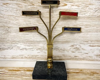Vintage Brass Desktop Organizer Desk Memo Tree Note Clip Display MCM Marble Base