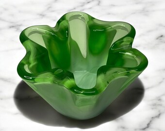 Vintage Sasaki Green & White Cased Glass Petal Ashtray Dish