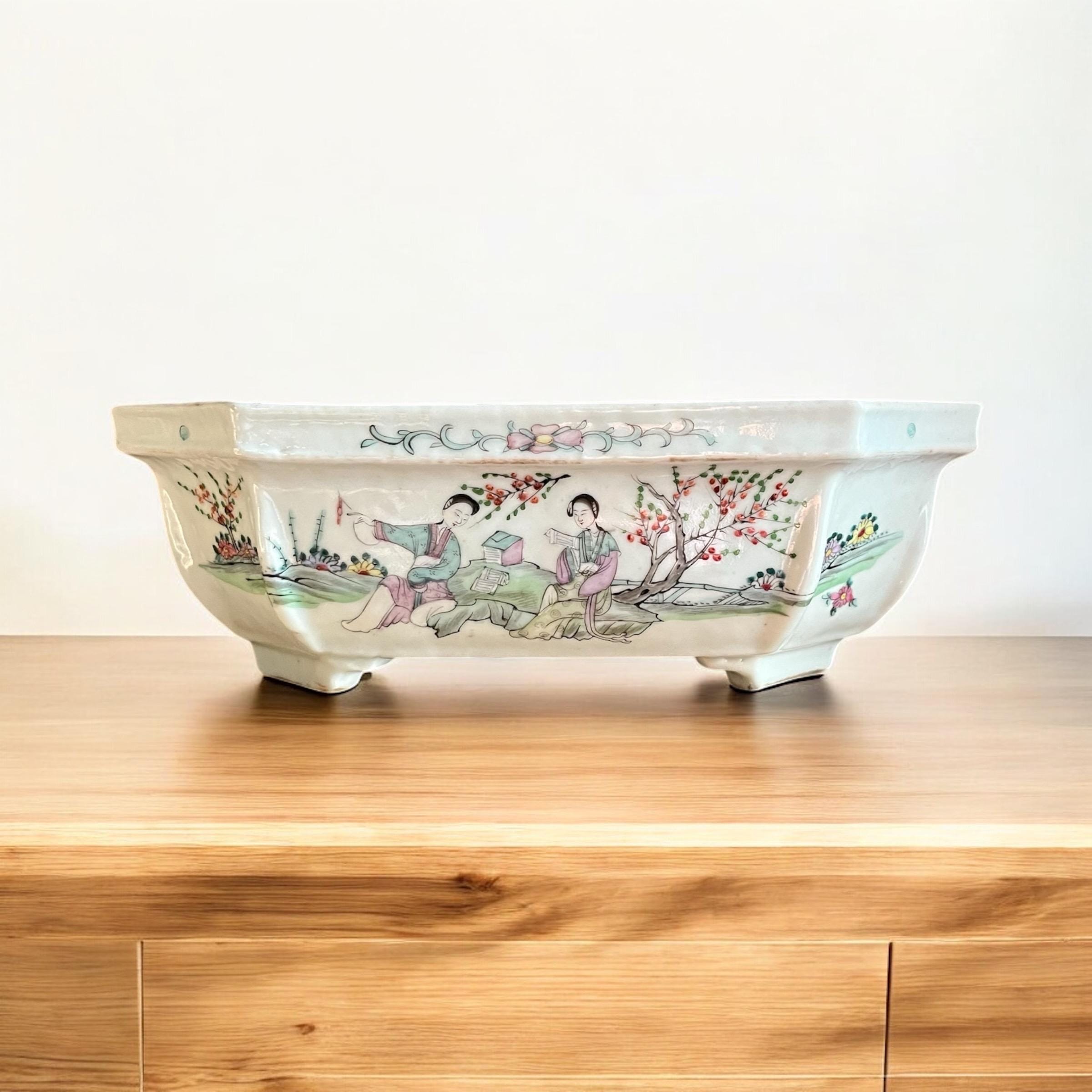 Antique Chinese Famille Rose Porcelain Long Octagonal Bowl Qianlong Period 1700s